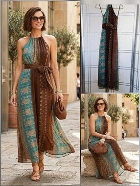 🩵💙Rabbit Rabbit Rabbit Elegant Brown and Teal Women's Dress 🤍Size 10